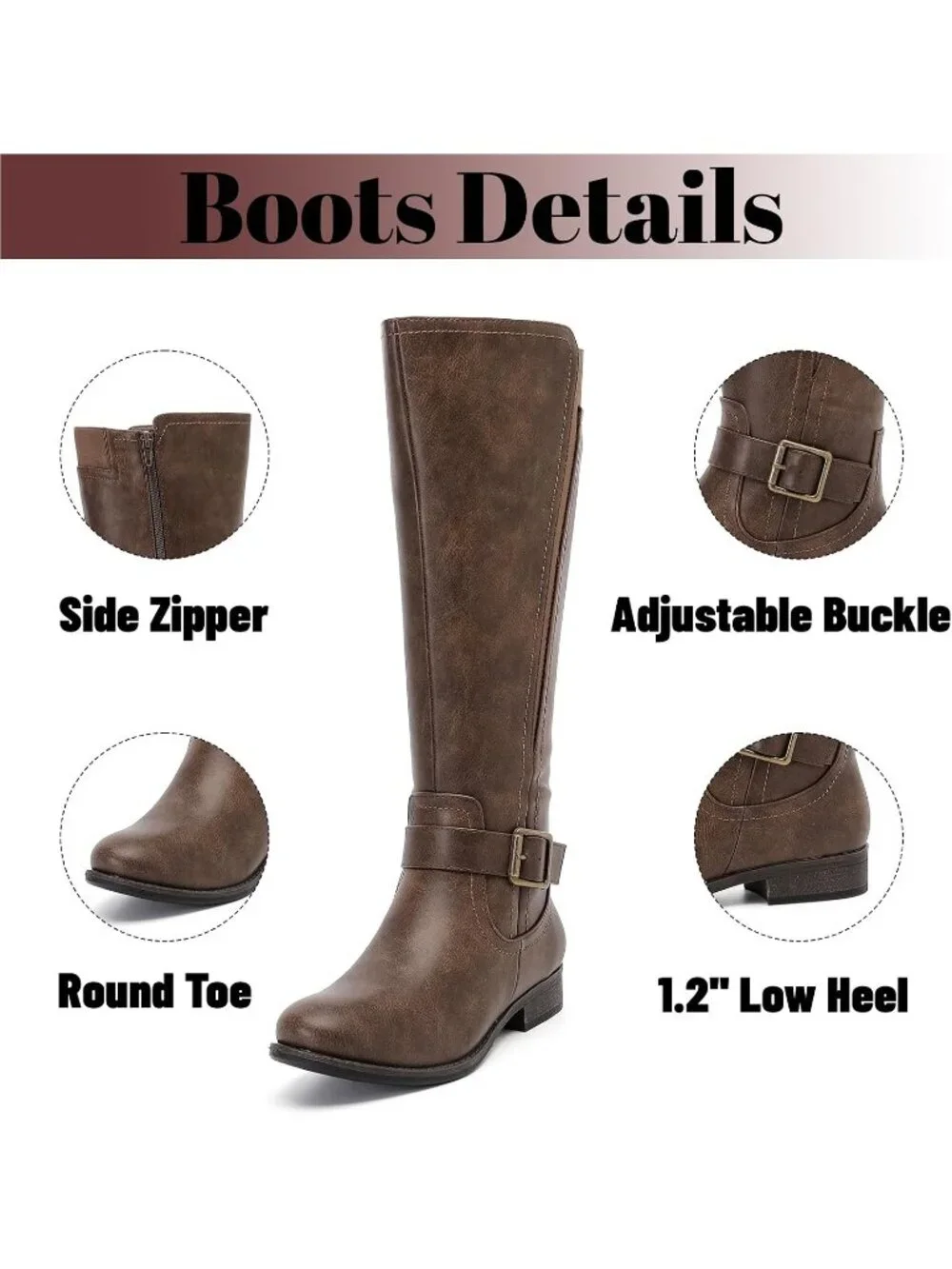 Women's Dark Brown Platform Slouchy Side Zipper Comfort Round Toe Knee High Boot